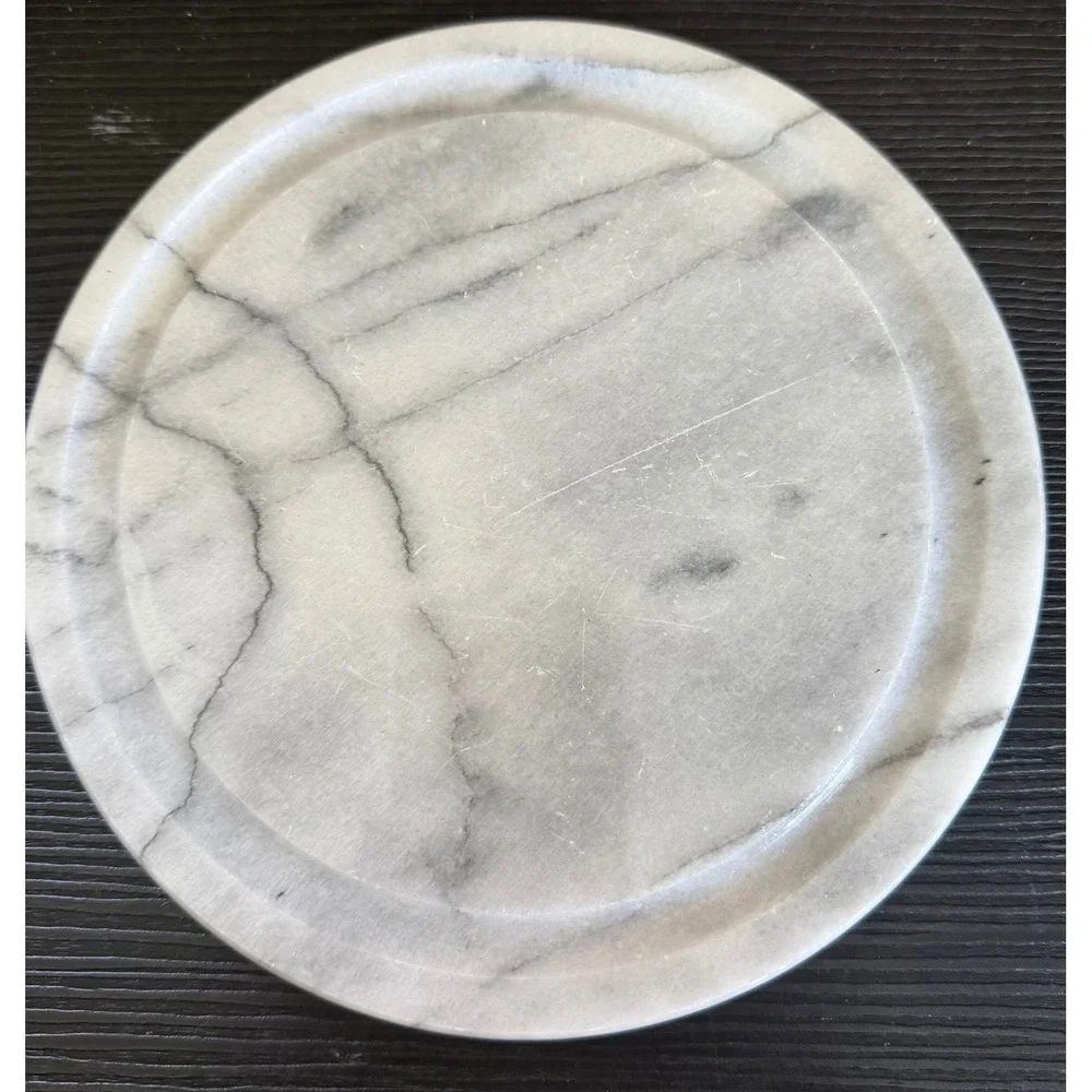 White Marble Round Trivet Coaster Grey Veined Stone 7.5 Inch Decorative Plate